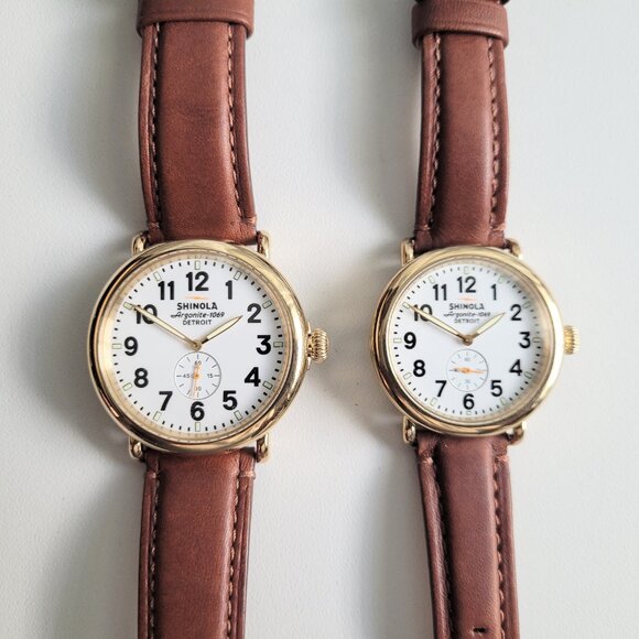His Hers Watches 2 Runwell Gold 47mm 41mm Argonite 1069 Brown Leather Set New - Picture 3 of 16